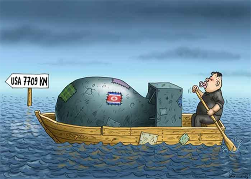 کاریکاتور ماریان کامنسکی - بمب اتم کوریای شمالی به سمت امریکا