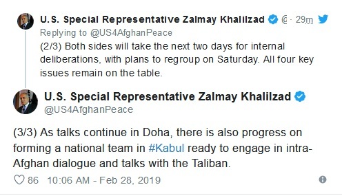 Talks with Taliban in Doha productive: US envoy Zalmay Khalilzad