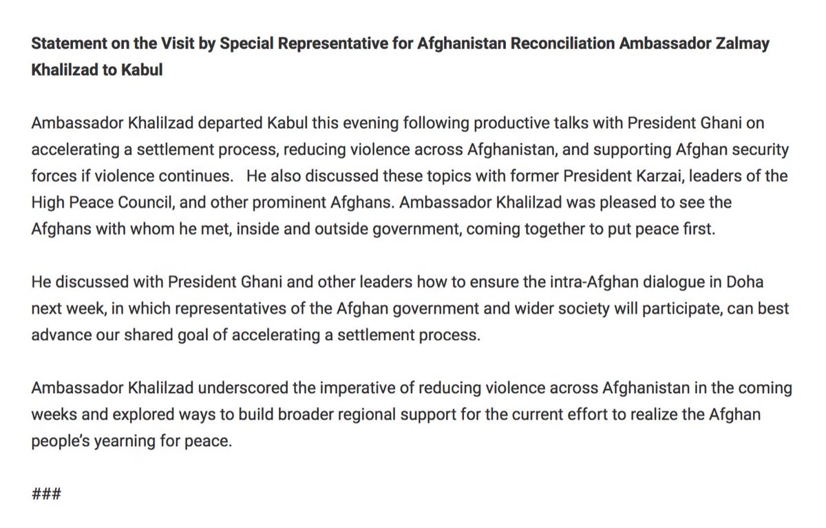 Khalilzad departs Kabul after fruitful talks with Ghani