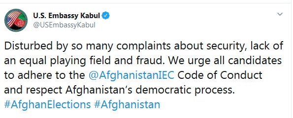 سفارت امریکا در کابل از روند کارزارهای انتخابات ریاست جمهوری ابراز ناراحتی کرد