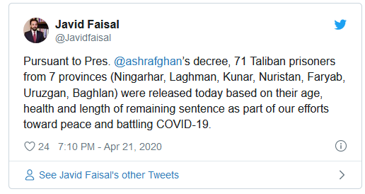 تاکنون حکومت ۴۳۲ زندانی طالبان را رها کرده است